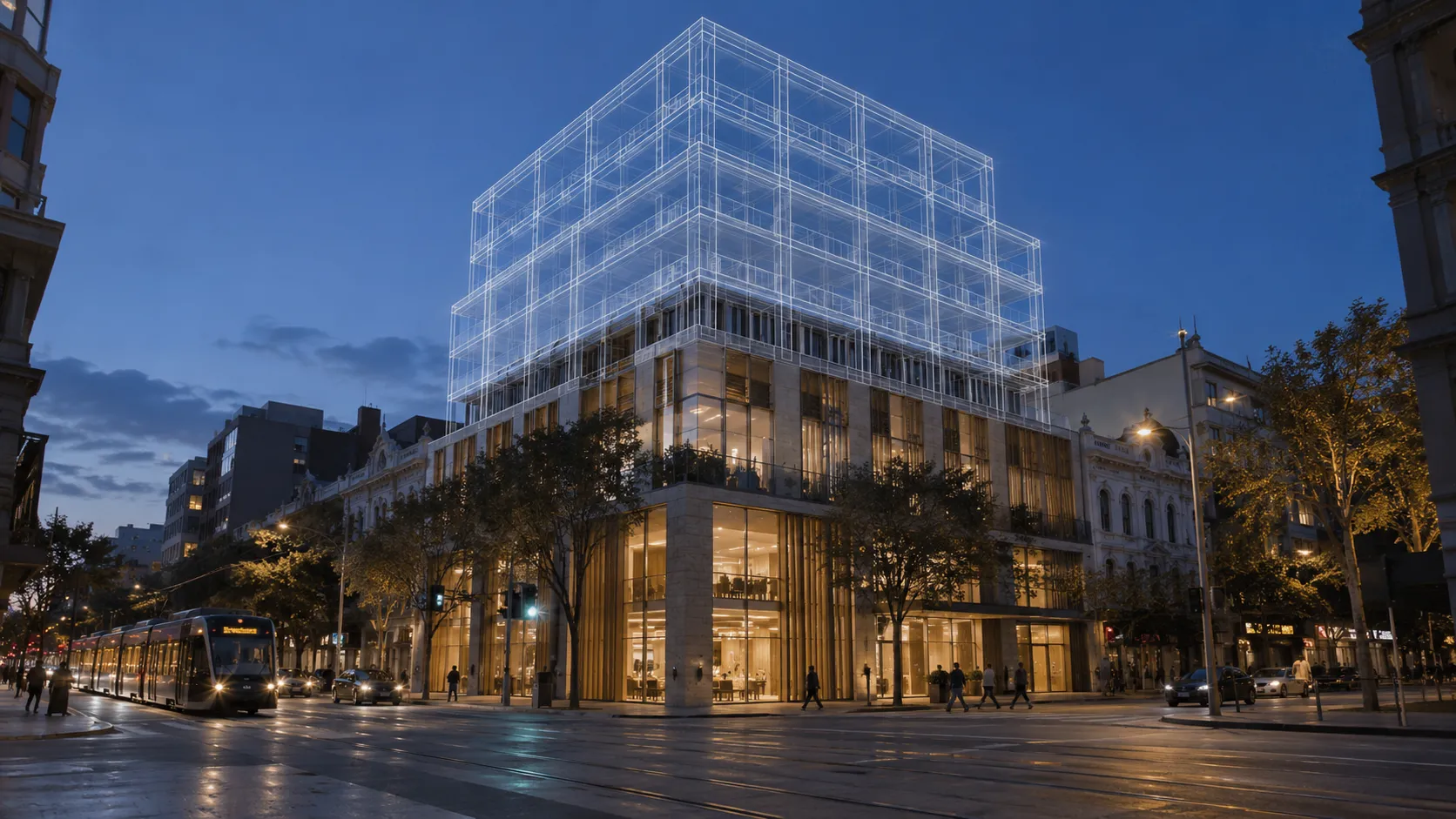 A dusk street corner in a historic city with a glowing wireframe outline of a proposed new upper building volume above a glass-fronted ground floor