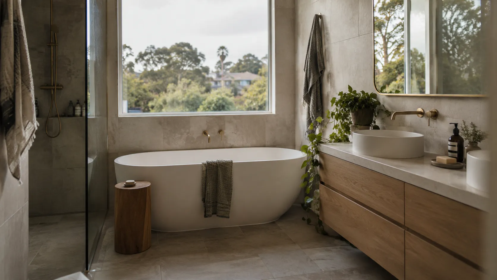 A modern bathroom with a freestanding white bath beneath a large window, a timber vanity with brass tapware and a walk-in shower