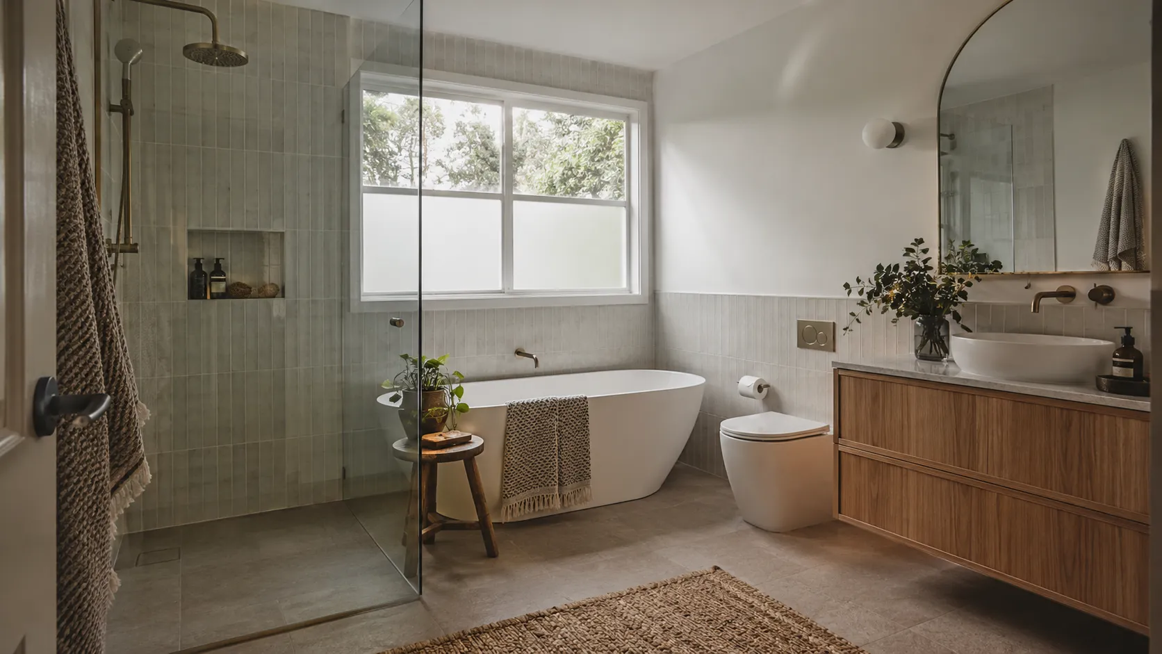 A renovated bathroom with vertical pale-green wall tiles, a freestanding bath, glass-screened shower and a floating oak vanity with a basin