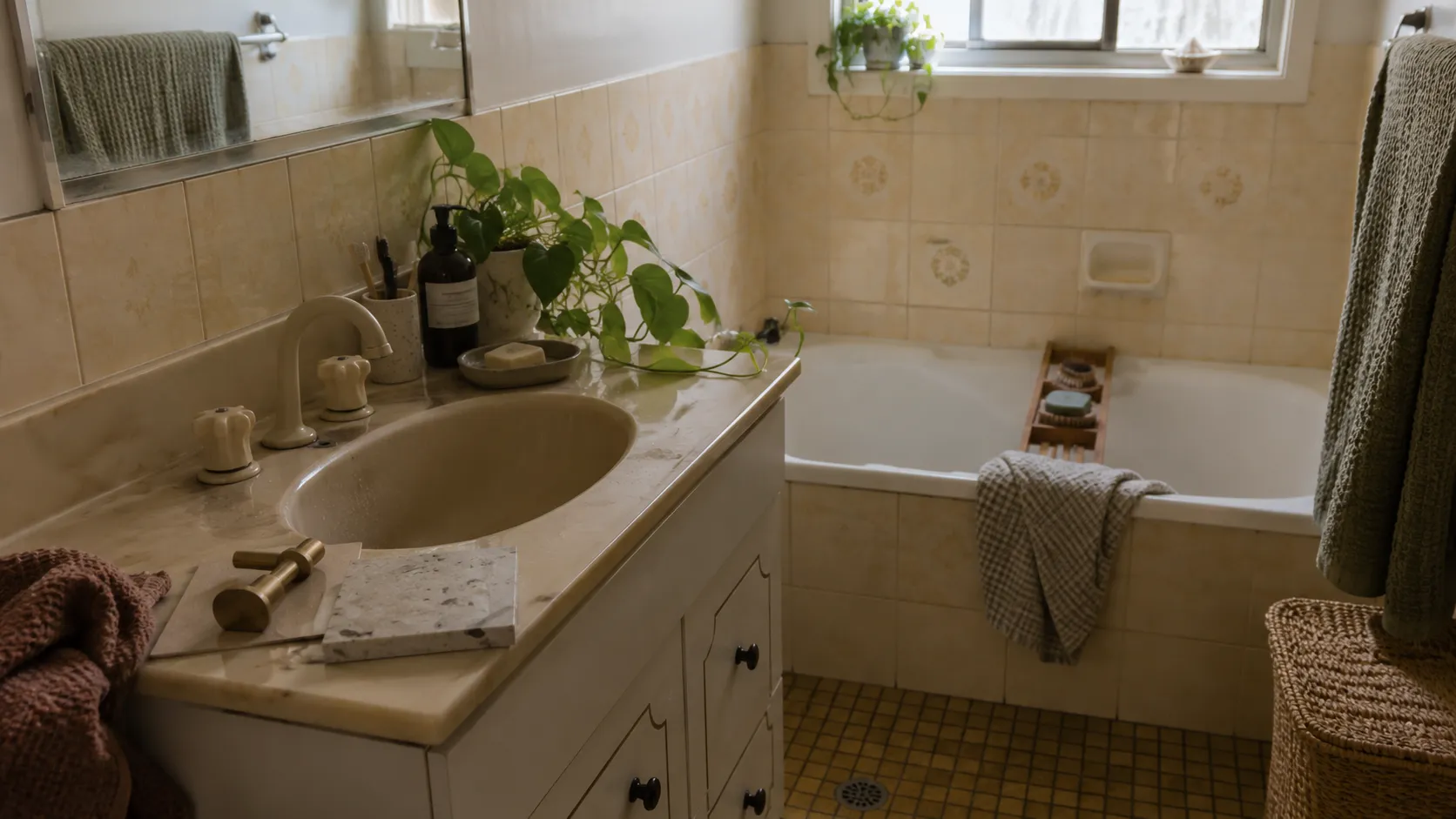 A dated bathroom with cream tiles, a marble-look vanity and a small yellow-tiled floor, awaiting renovation
