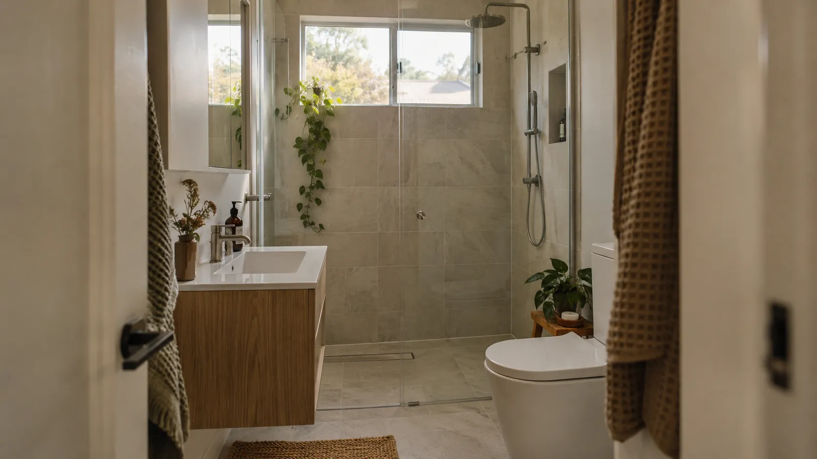 A compact renovated bathroom seen through a doorway, with a floating timber vanity, glass shower screen and a window above