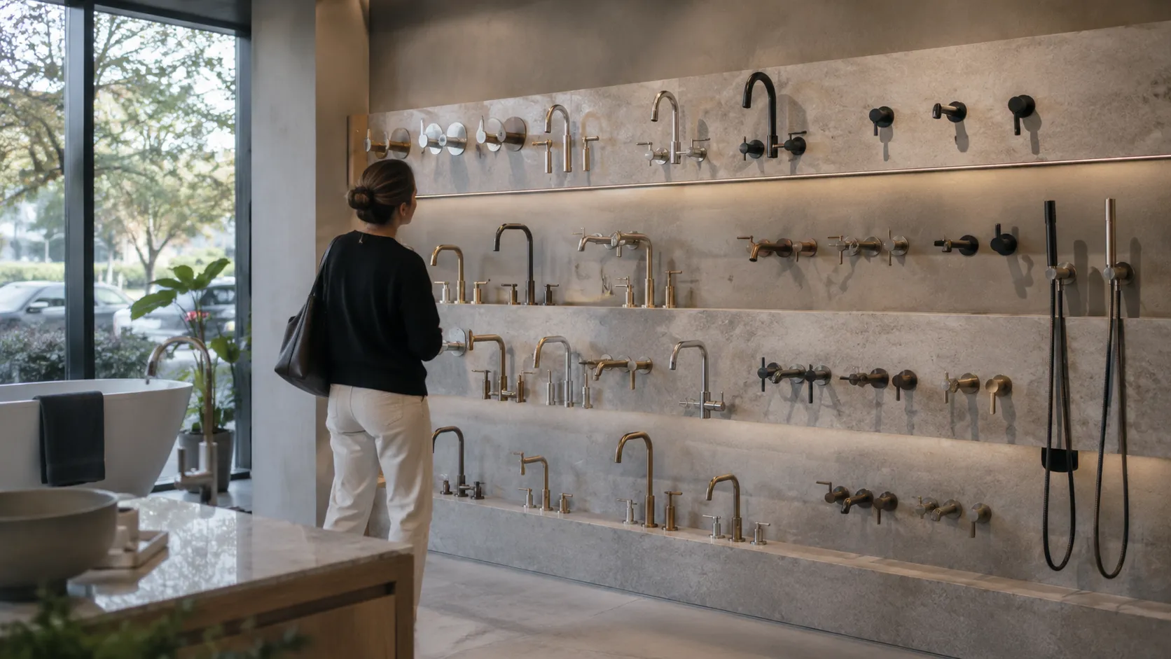 A woman browsing a showroom wall of taps, mixers and shower fittings in brass, black and chrome finishes beside a freestanding bath