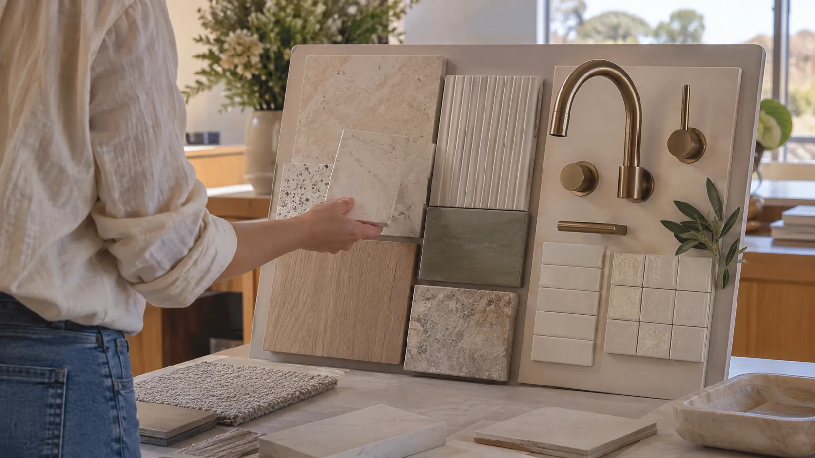 A person selecting from a sample board of tiles, timber, stone and a brass tap, with a carpet swatch on the table
