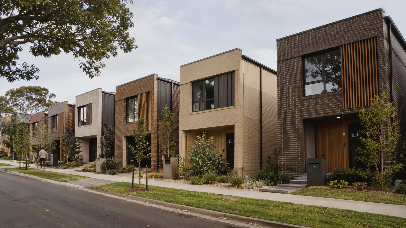 A street of two-storey townhouses with brick facades in dark, tan and red tones, timber battens and young street trees
