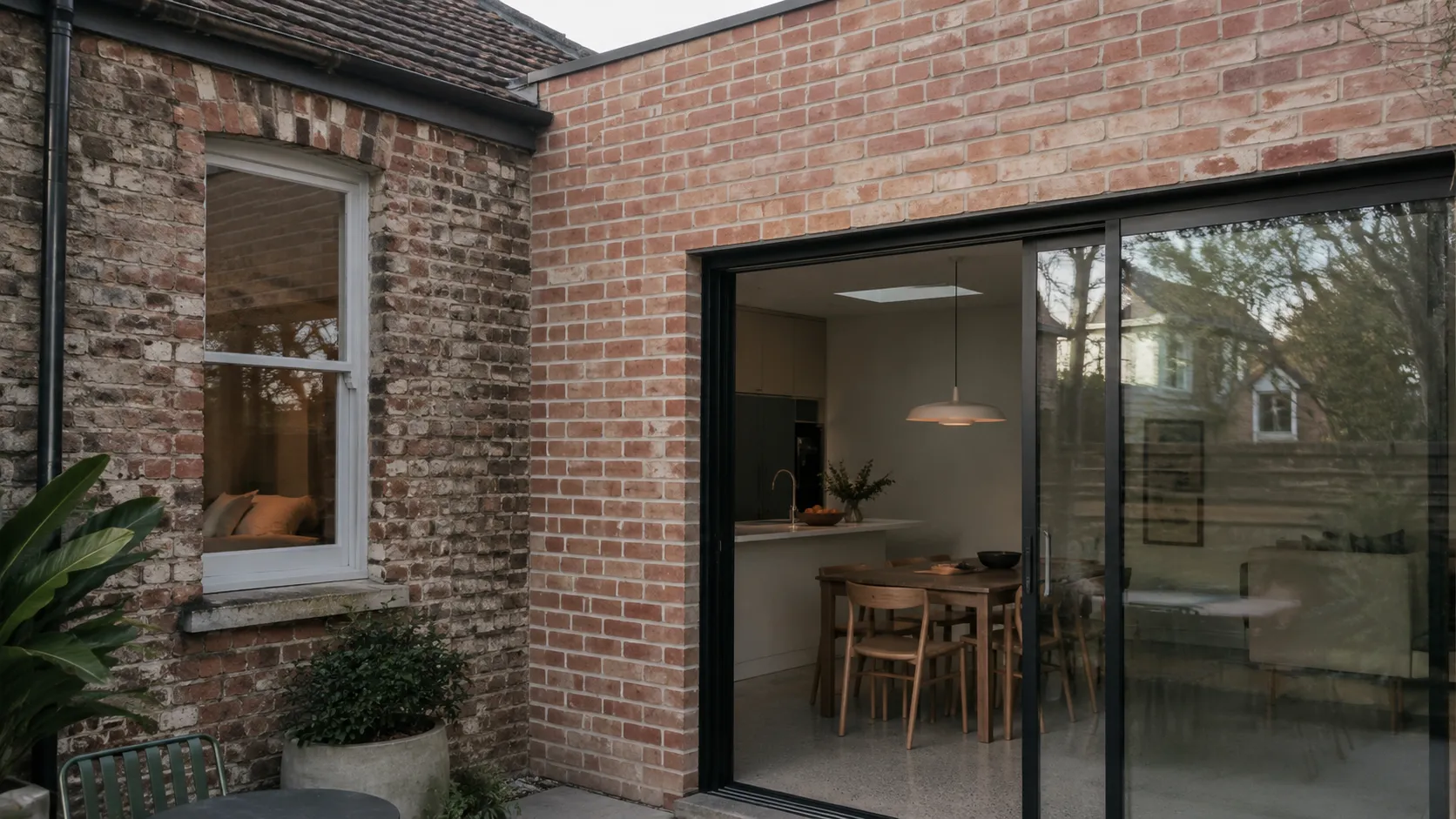 A weathered original brick cottage with a new red-brick extension featuring black-framed sliding doors onto a dining area