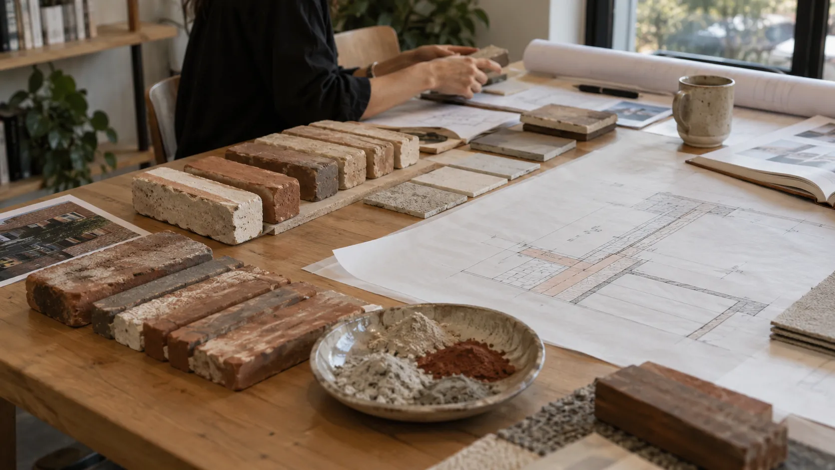 A person at a timber table laying out brick and paver samples beside architectural plans, with bowls of sand and pigment