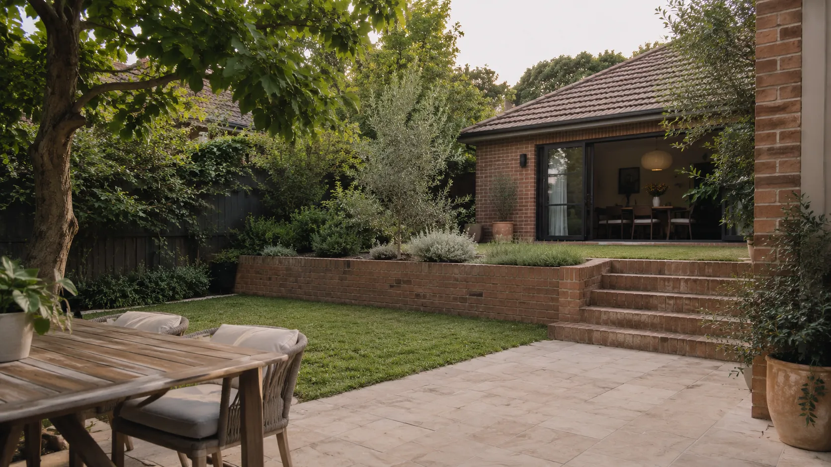 A landscaped backyard with a low brick retaining wall, brick steps, lawn, outdoor table and a brick extension with sliding glass doors