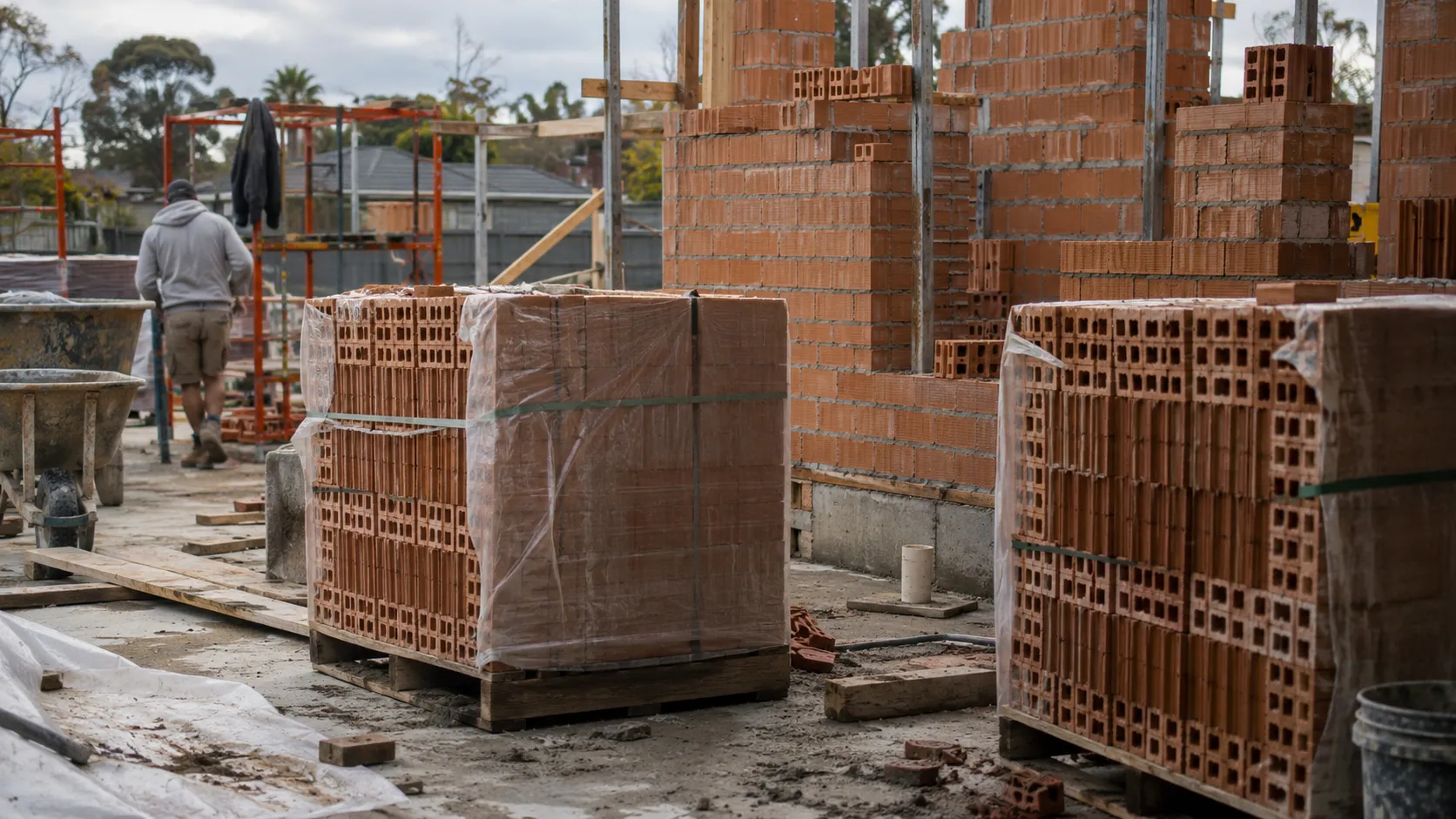 A building site with wrapped pallets of hollow clay bricks beside a partly built brick wall and a worker walking past