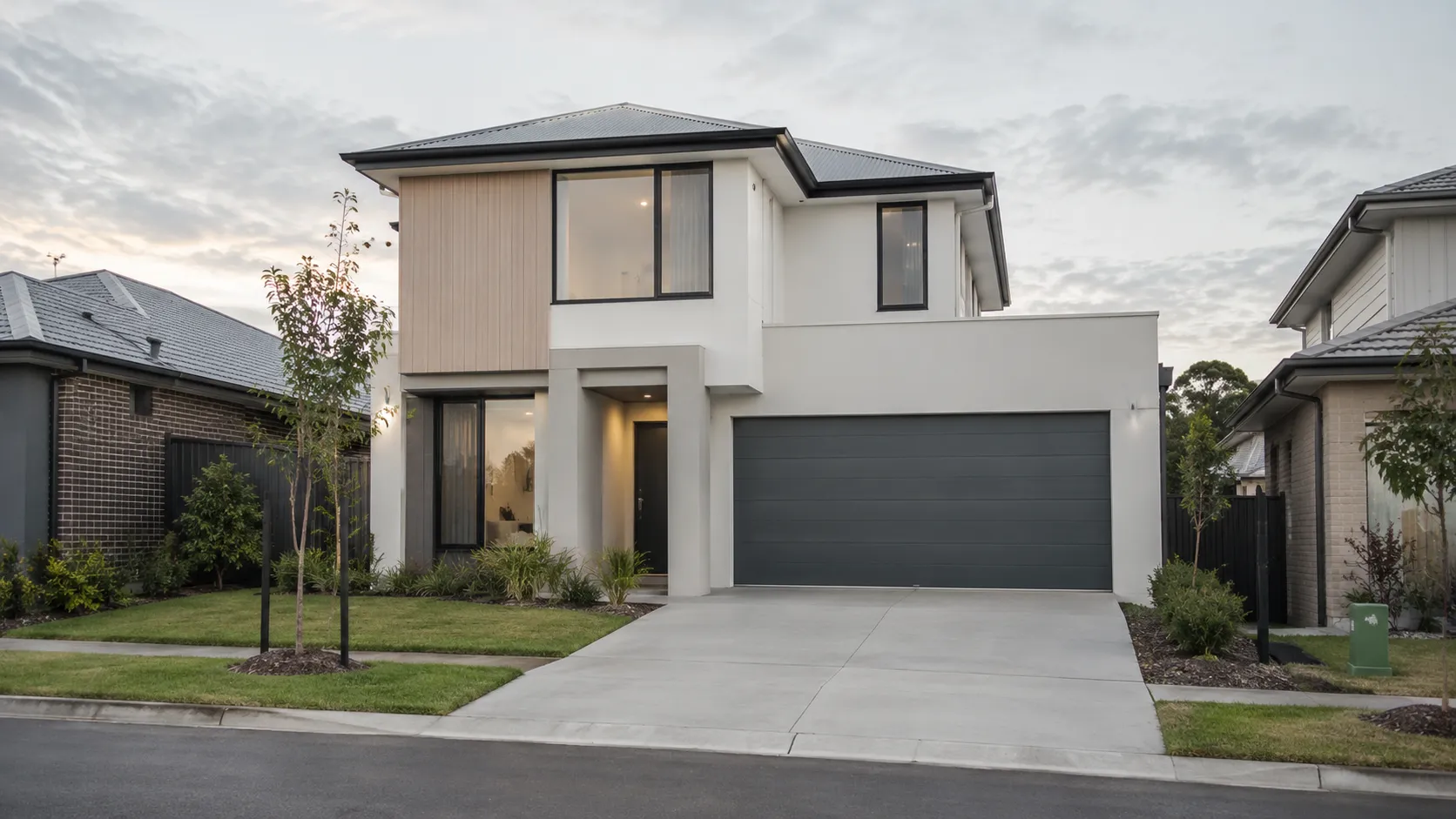 A newly built two-storey suburban house with a rendered facade, timber-look panel, double garage and a concrete driveway