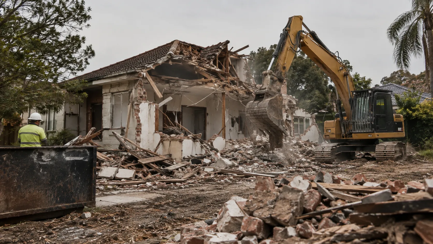 An excavator demolishing an old single-storey house, with a worker in a hard hat and a skip bin beside piles of rubble