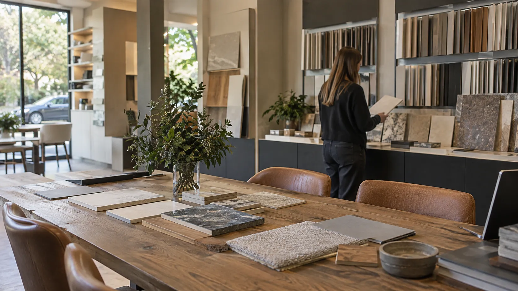 A woman in a showroom inspecting a material sample beside a long timber table of tile, stone and carpet samples