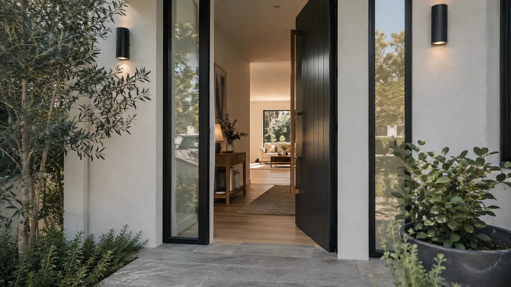 A home entrance with a tall black pivot door open to a hallway and living room, flanked by wall lights, a tree and potted plant