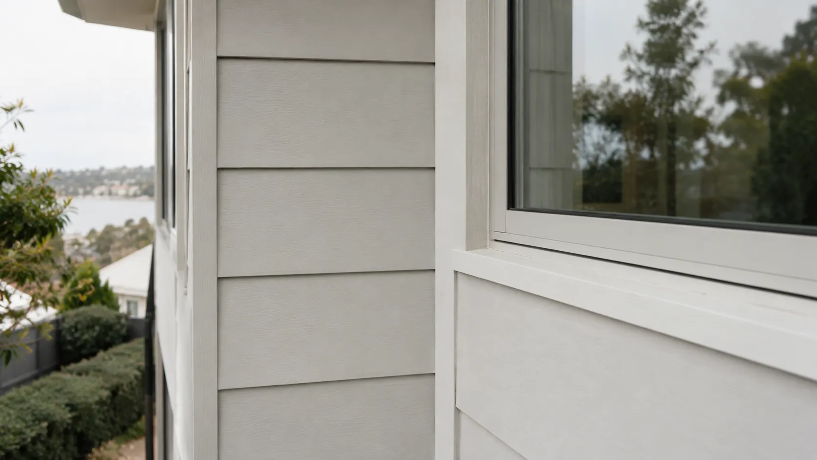 A close-up of pale grey horizontal cladding boards beside a window, with water and hills behind