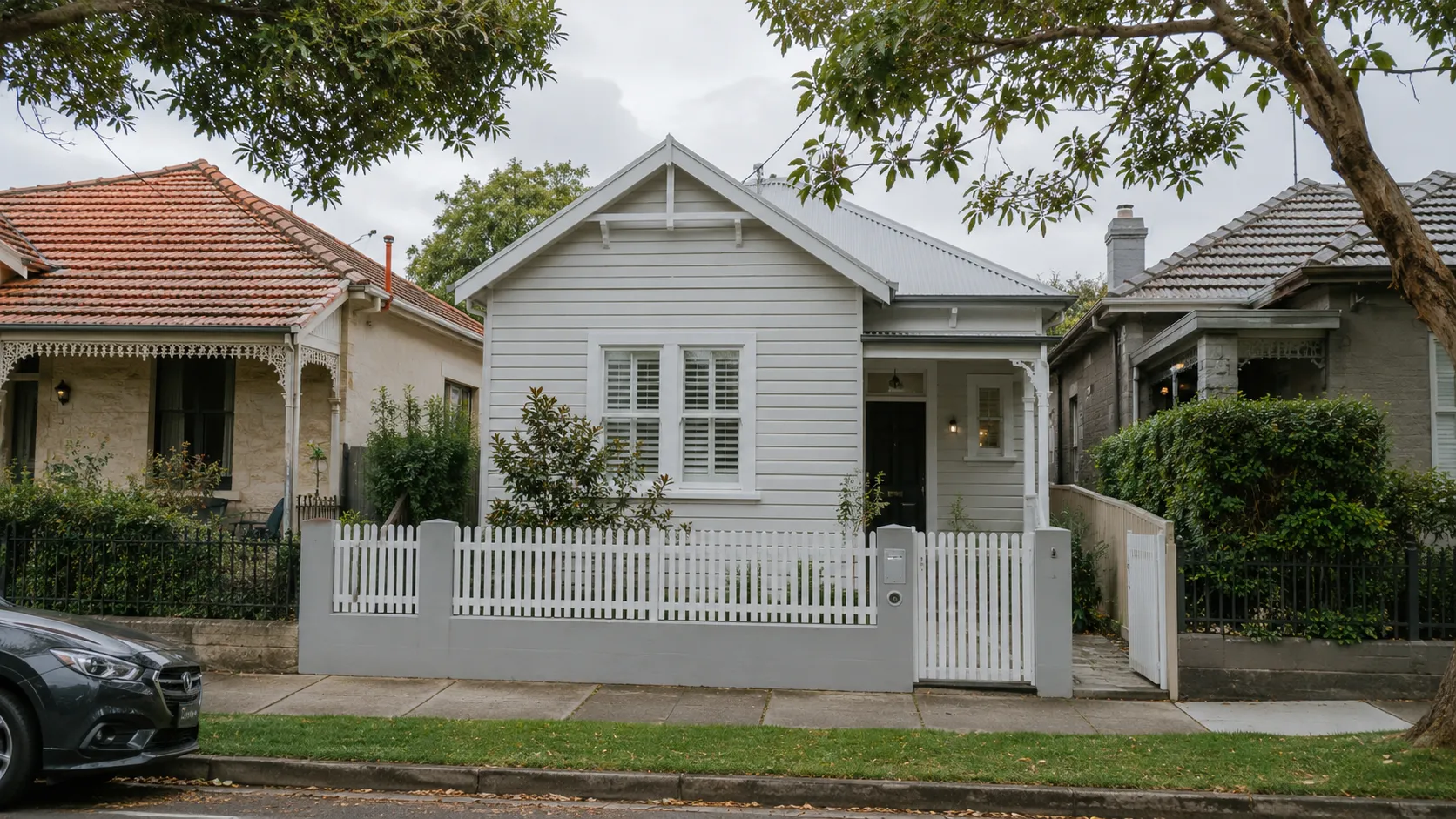 A white weatherboard cottage with a picket fence between brick neighbours on a leafy street