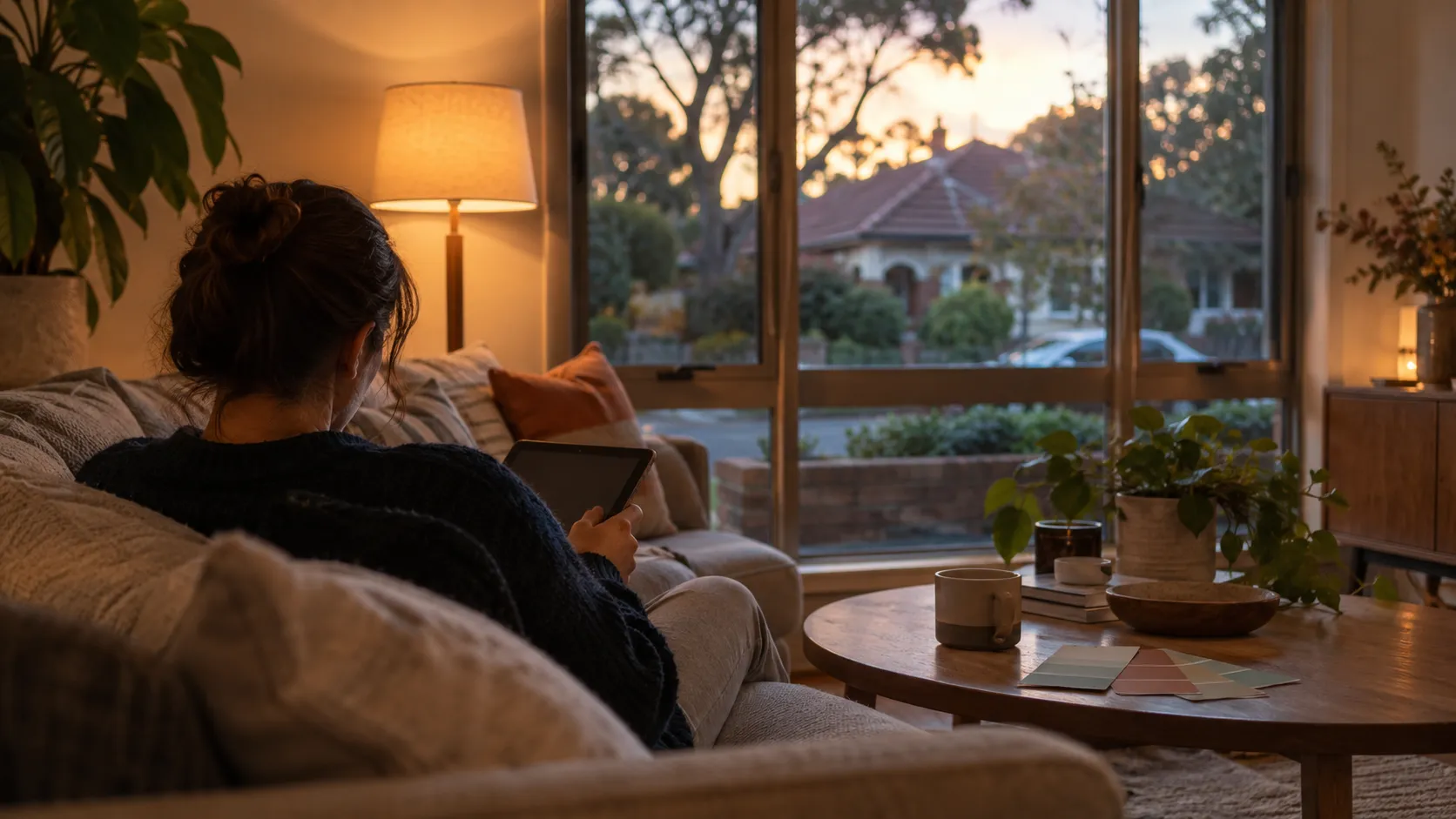 A woman on a sofa browsing a tablet at dusk, colour swatches on the coffee table