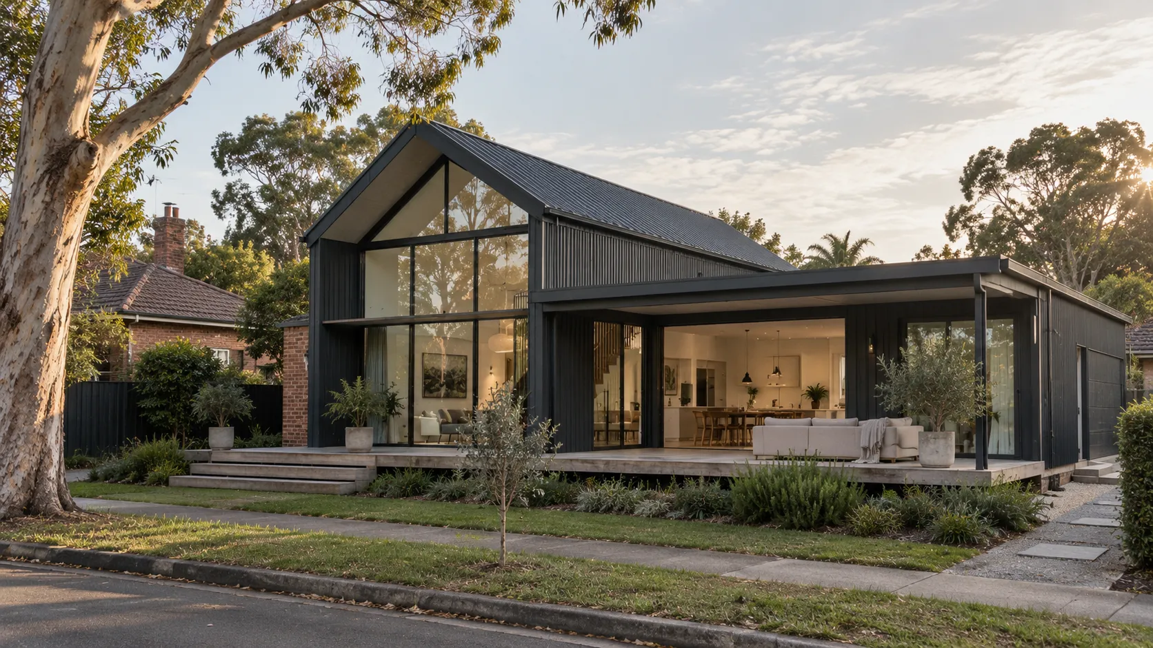 A contemporary gabled house clad in dark metal and glass, with a covered deck, lit living space and a gum tree in front