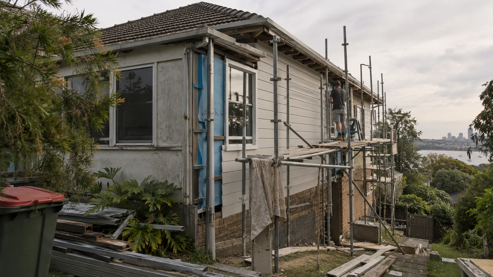 An older house being re-clad, with scaffolding, exposed blue wall wrap and a worker on a platform above a harbour view