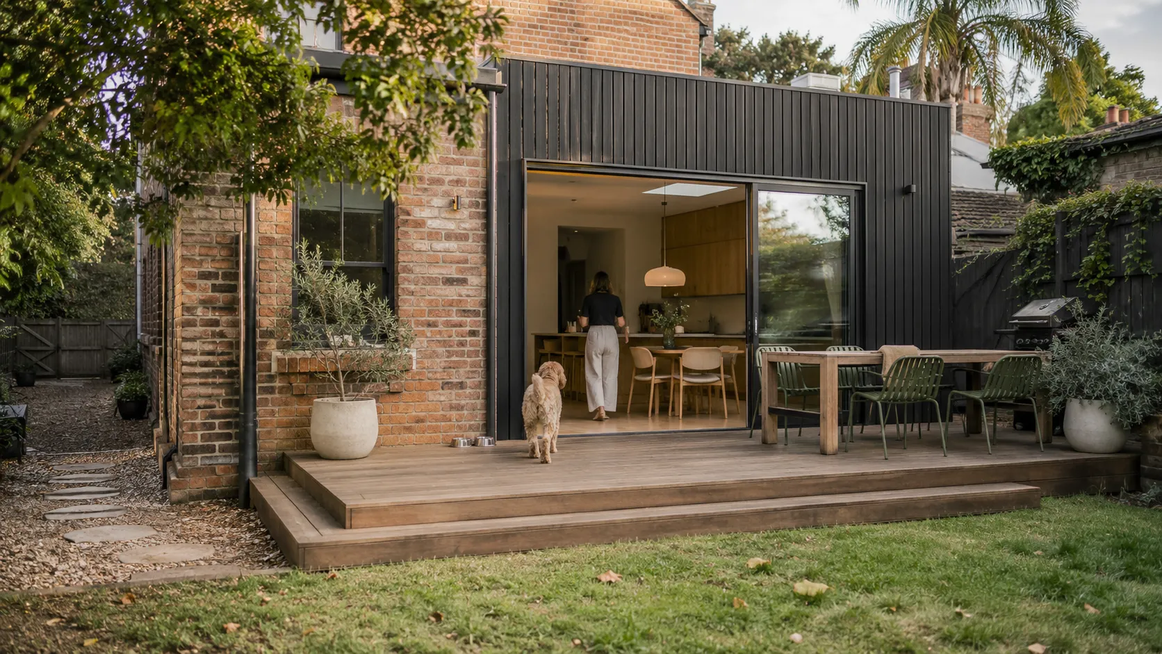 A brick house with a black vertical-clad extension, sliding glass doors, a timber deck, a woman, a dog and a dining table