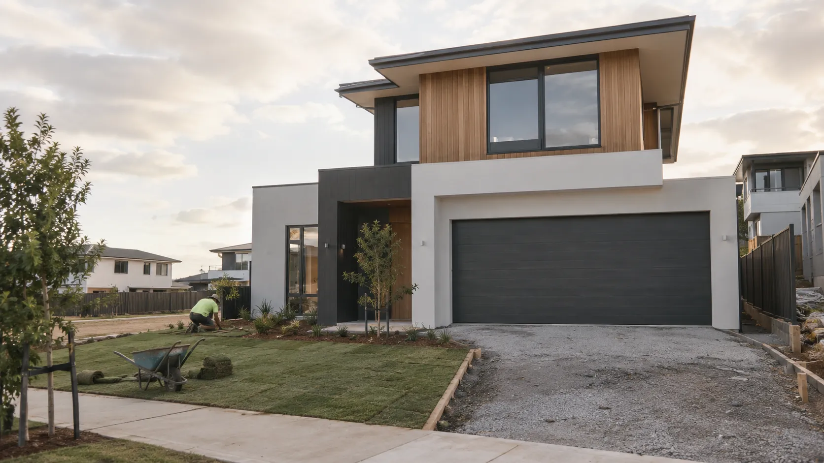 A new two-storey home with timber and rendered cladding and a dark garage door, while a worker lays turf in the front garden