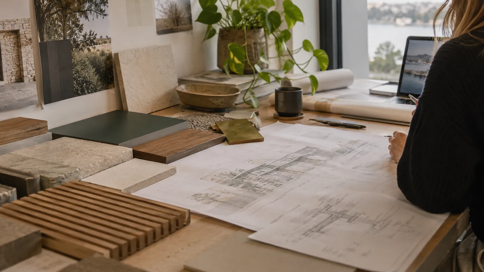 A designer’s desk with cladding and material samples, rolled architectural drawings, a laptop and a plant by a window