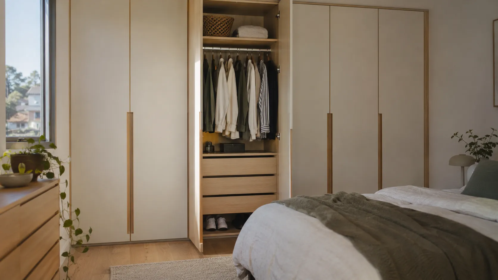 A bedroom with floor-to-ceiling white wardrobes, one opened to show hanging clothes and drawers