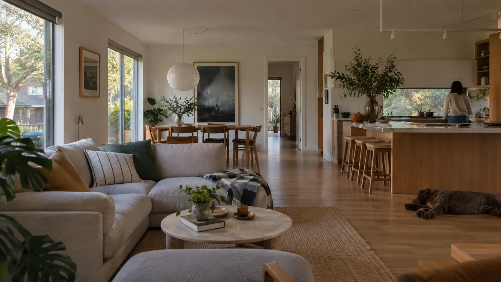 An open-plan living room with oak floorboards, a cream sofa and coffee table, a woman in the kitchen and a dog on the floor