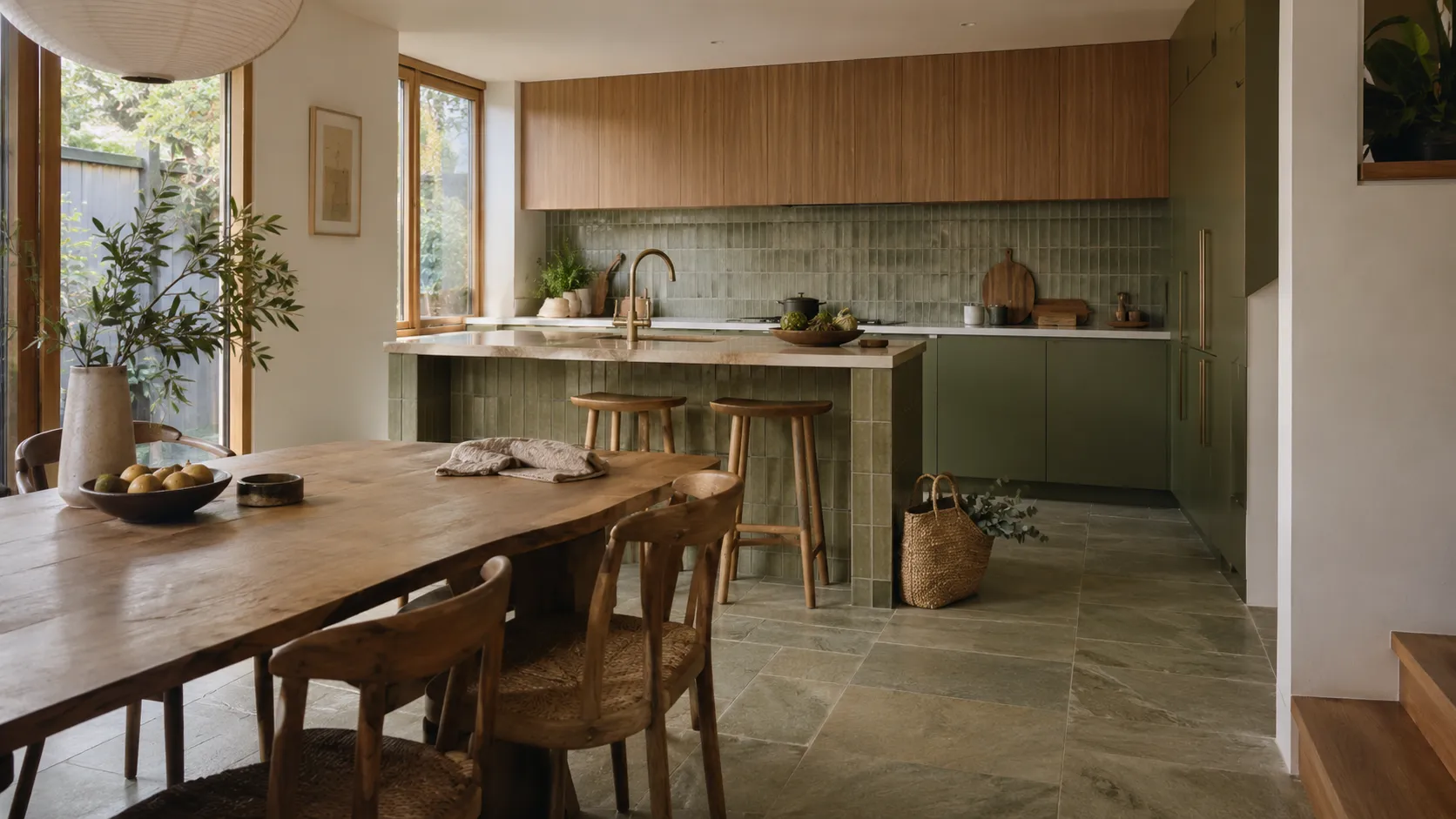 A kitchen and dining area with green stone-look floor tiles, sage-green cabinetry and tiles, a timber table and bar stools