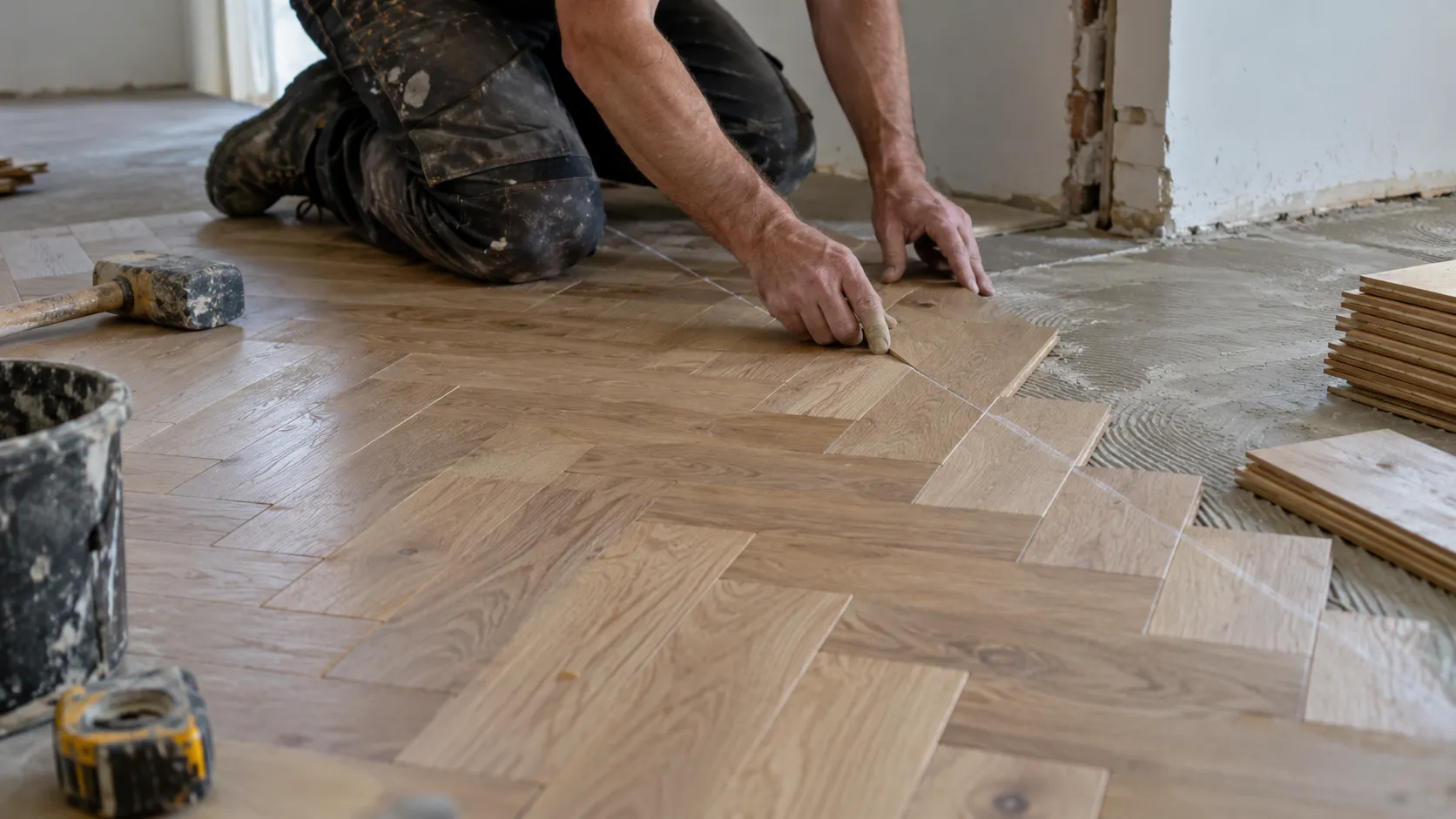 A close-up of a tradesman kneeling on a herringbone timber floor, fitting boards onto adhesive with a mallet and tape measure beside him