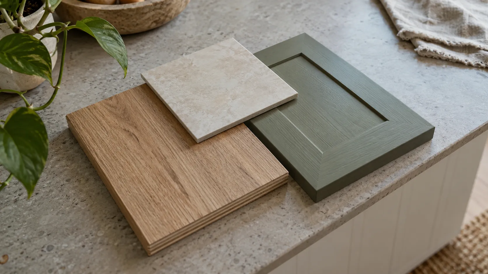 Flooring, stone-look tile and green cabinet-door samples laid on a speckled benchtop beside a pot plant