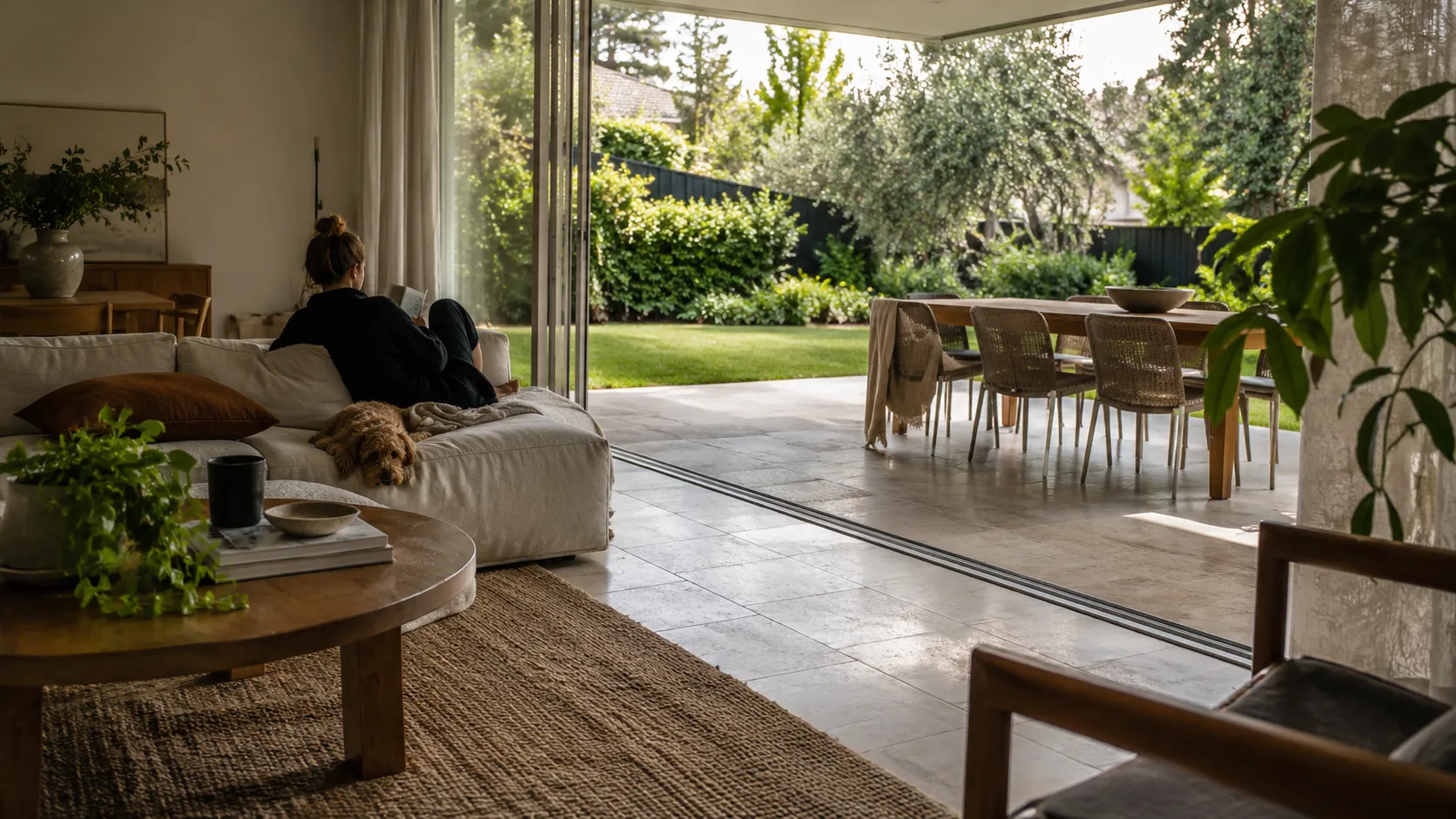 A woman reading on a sofa with a dog, looking through open sliding doors to a stone-tiled terrace, outdoor dining table and garden
