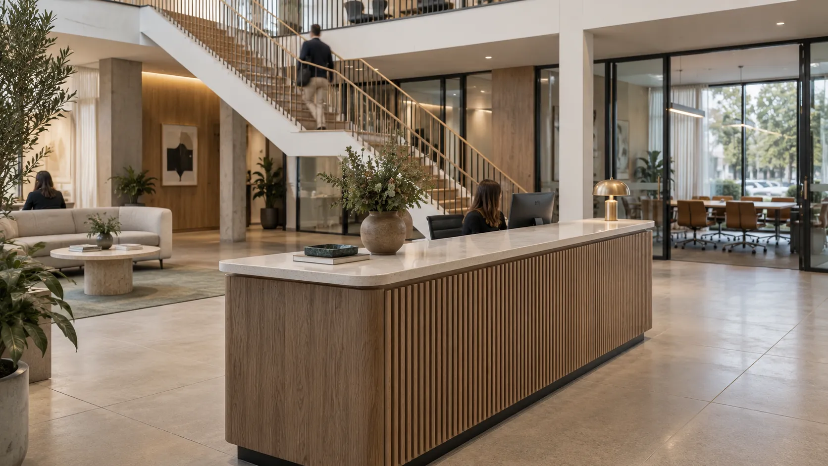 A building lobby with a timber-fluted reception desk and stone top, a receptionist, a staircase, lounge seating and a meeting room behind glass