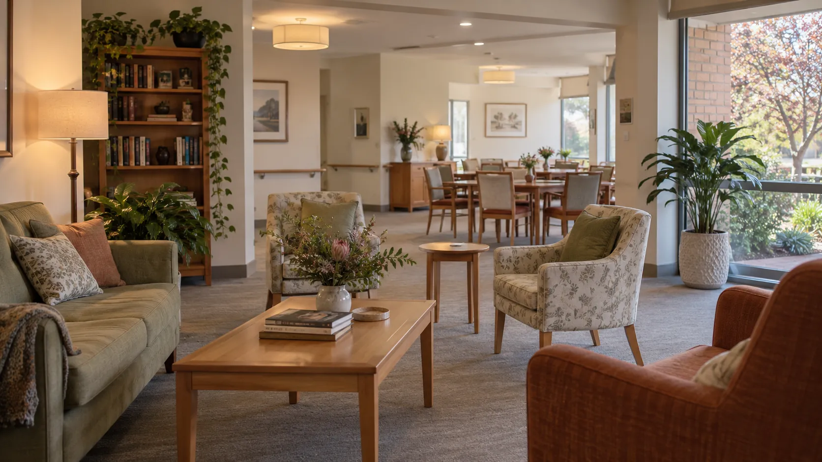 A warm aged-care lounge with sofas, patterned armchairs, a bookshelf and dining tables beyond
