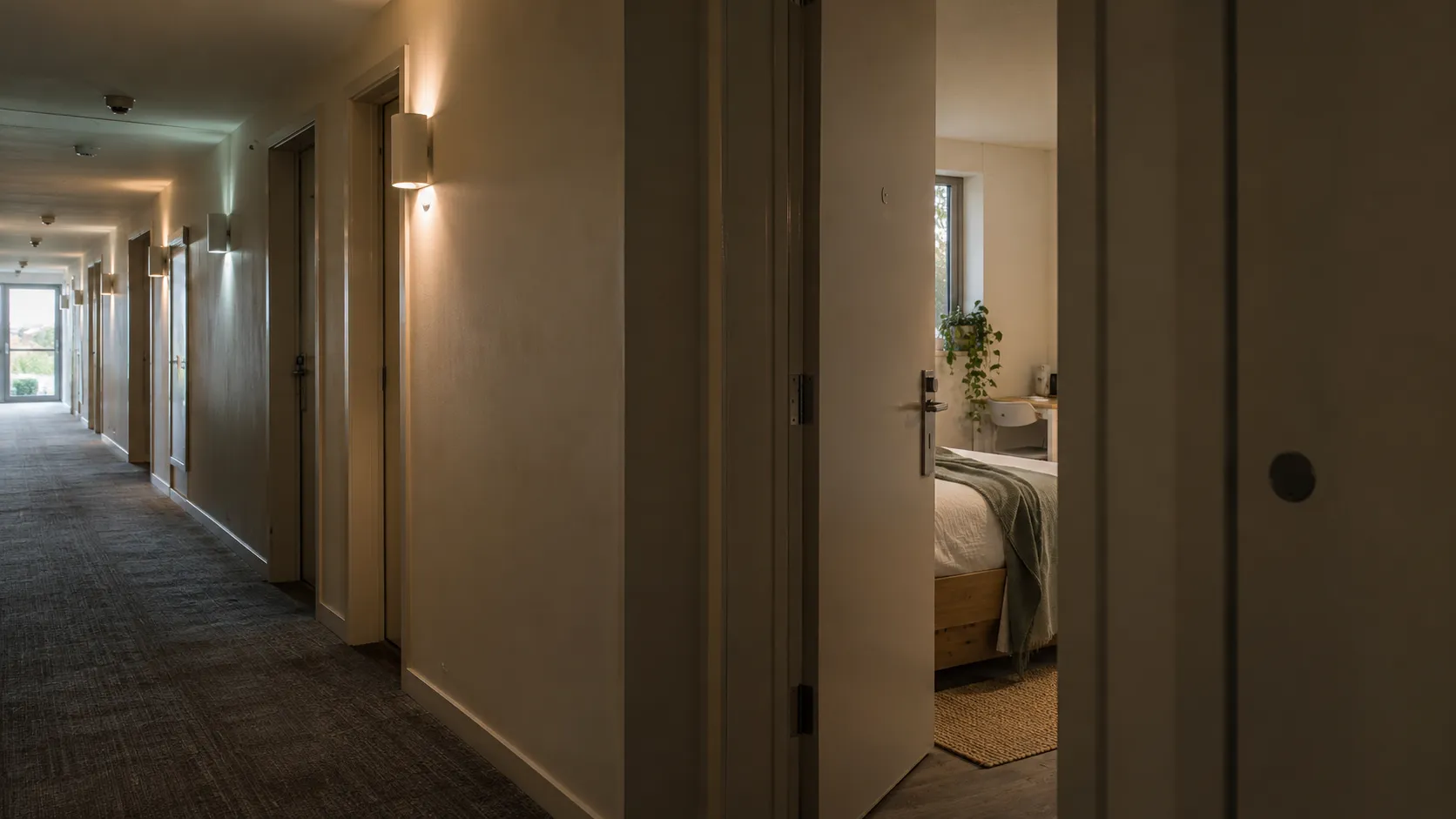 A dimly lit hotel-style corridor with wall lights and carpet, one open door showing a neatly made bed and a plant