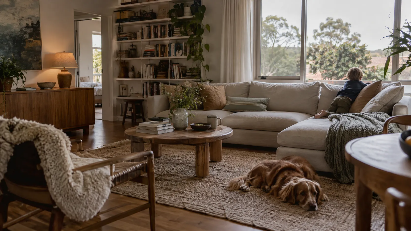 A cosy living room with a large sofa, timber coffee table, bookshelves and a sleeping dog, while a child looks out the window