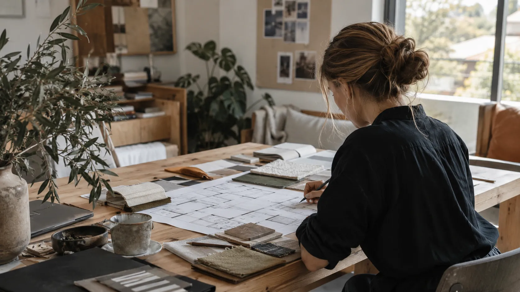 A woman at a timber table sketching over a floor plan, surrounded by material samples, books and a vase of foliage