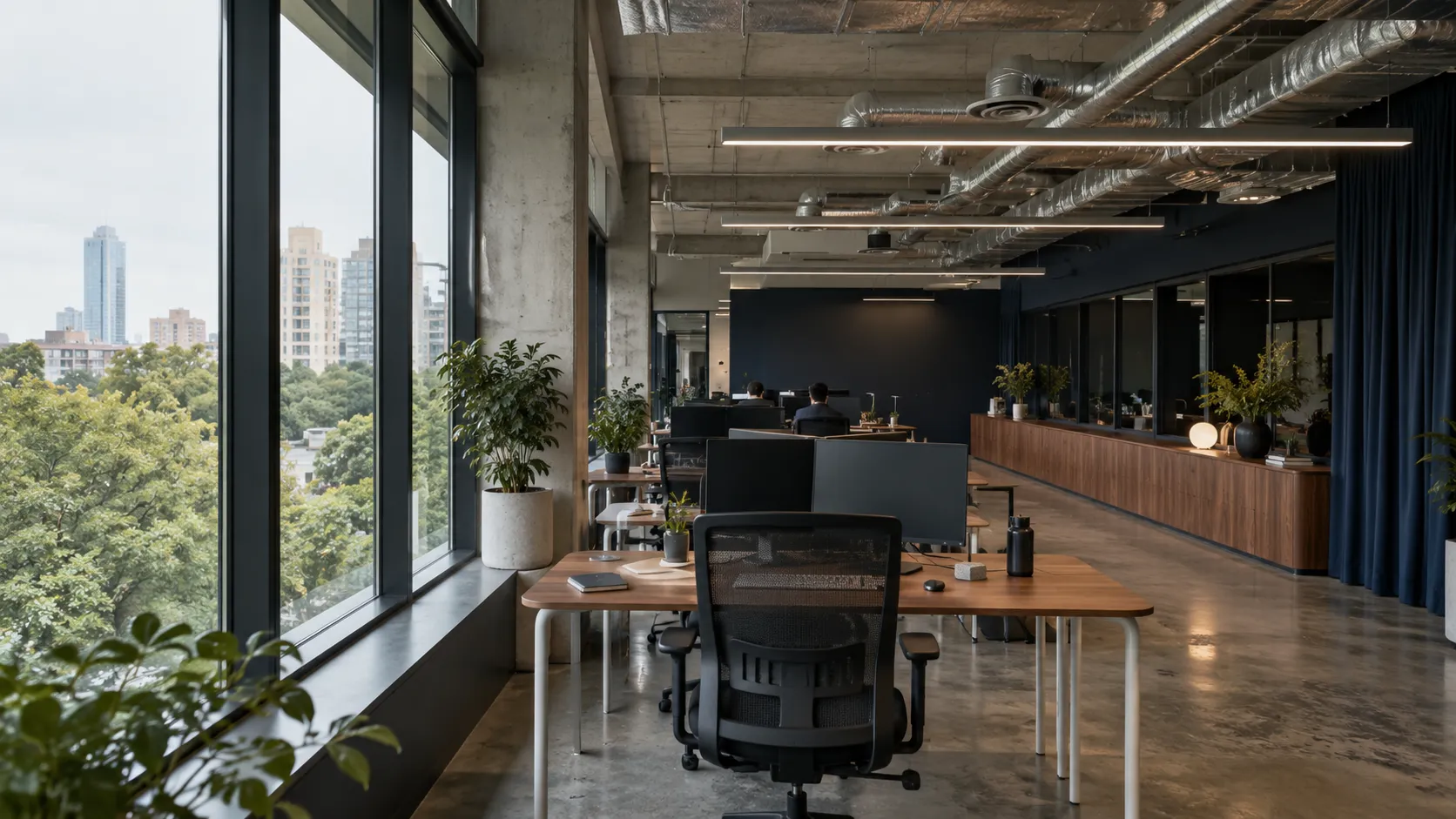 An office workspace with exposed ducting and linear lights, desks with monitors, a tall window onto trees and city towers, and navy curtains