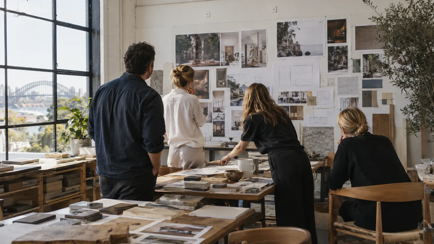 Four people in a studio with a Sydney Harbour view, gathered around tables of material samples, with mood boards pinned to the wall