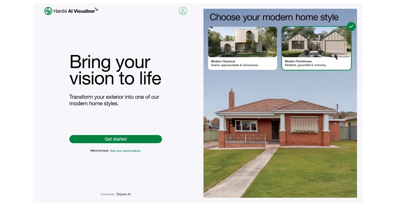 The Hardie™ AI Visualiser start screen on jameshardie.com.au: a red-brick home with a choice of Modern Classical or Modern Farmhouse styles