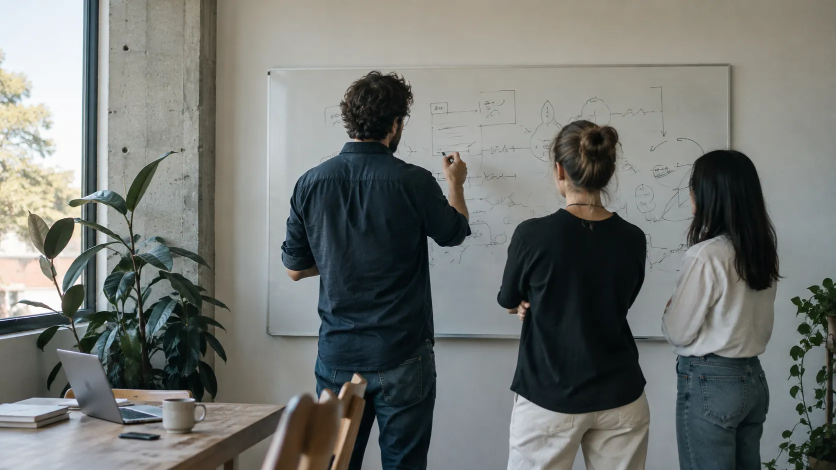 Three colleagues standing at a whiteboard covered in flow diagrams as one of them draws, with a laptop and coffee on a nearby table