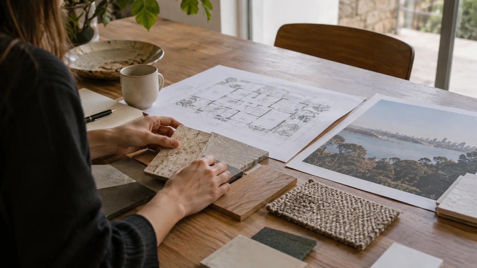 A close view of a timber table with a printed floor plan, stone and timber material samples, a woven swatch and a harbour photograph