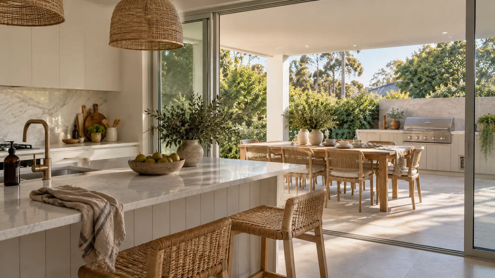 A bright kitchen with white cabinetry, a curved fluted island with a stone top, woven stools, a rattan pendant light and a small dog