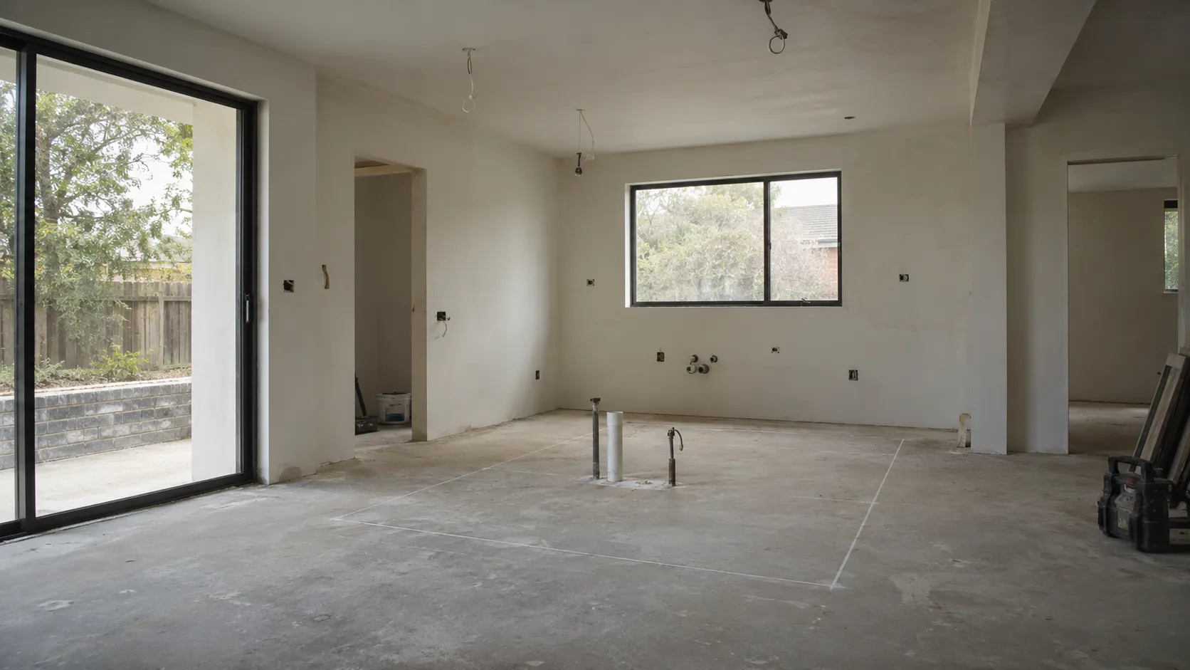 A dated kitchen with laminate benchtops and tiled splashback, a woman cooking and a dog watching, with new stone and tile samples on the bench