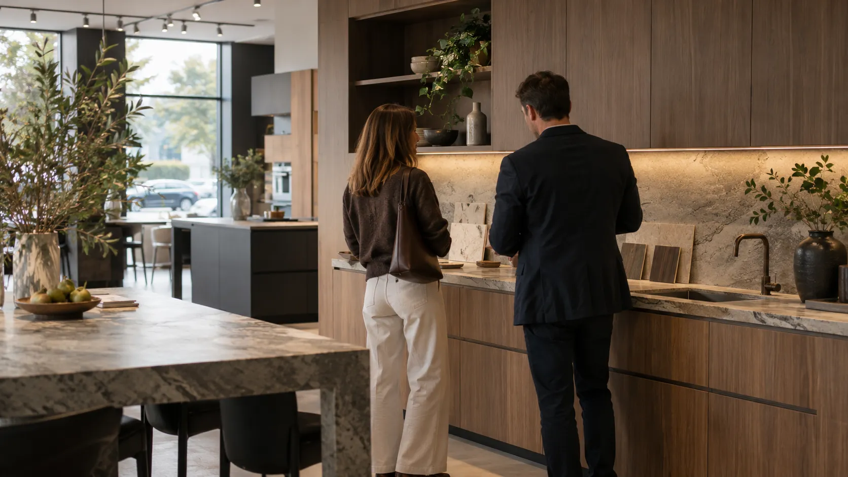 A renovated open-plan home with sage-green cabinetry, a fluted timber island, a laundry visible behind, a dining table, sofa and sleeping dog