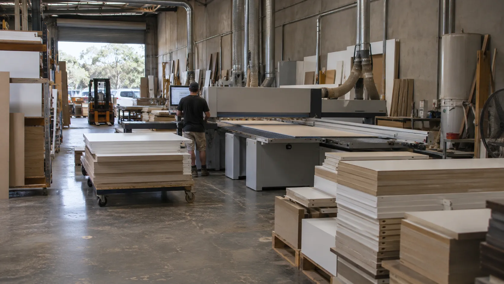 A cabinet-making workshop with stacked board panels, a panel saw and a forklift