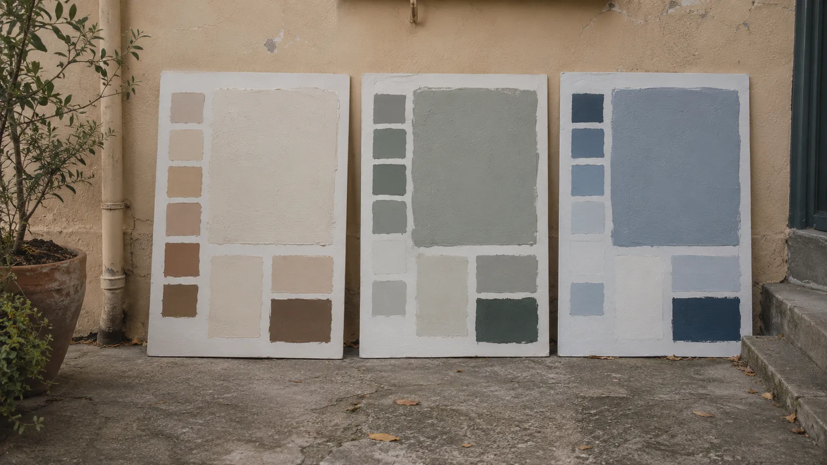 Three painted sample boards in warm neutral, sage and blue-grey schemes leaning against a wall