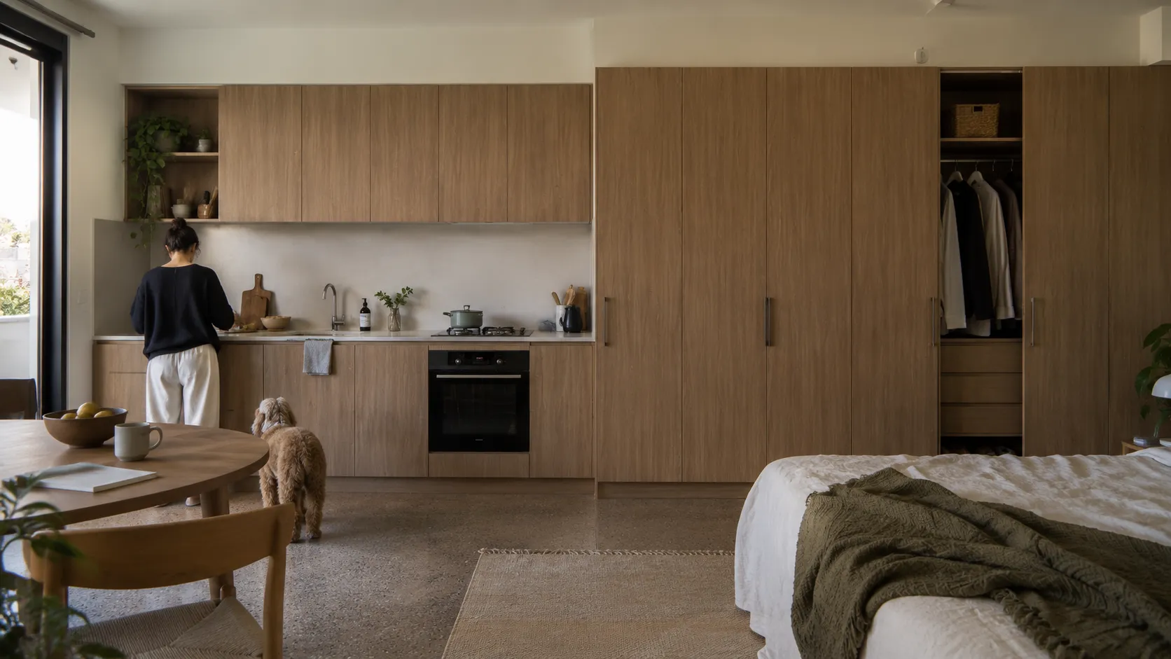 A studio apartment with timber veneer kitchen and wardrobes, a woman cooking at the bench, a dog, a round table and a bed in the foreground
