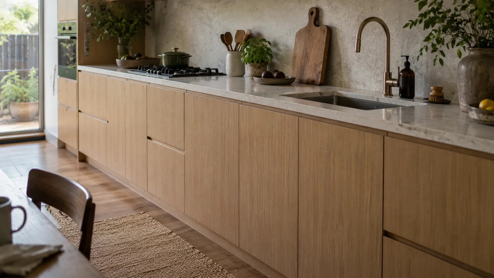A kitchen run of light oak veneer cabinets with a stone benchtop, undermount sink, brass tap, cooktop and a woven rug on the floor