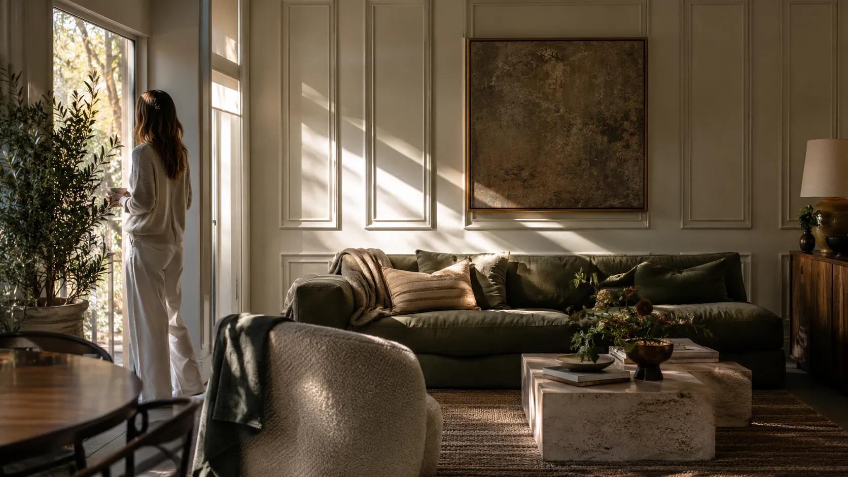 A living room with moulded wall panels, a large abstract artwork, a green sofa, travertine-style coffee tables and a woman by the window