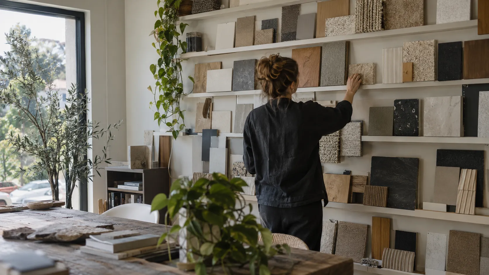 A woman reaching up to a wall of shelves displaying many stone, timber, tile and textile material samples, with a plant in the foreground