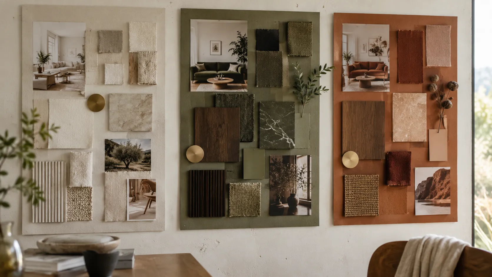 Three mood boards on a wall in cream, olive and terracotta, each with fabric, stone and timber samples and interior photographs